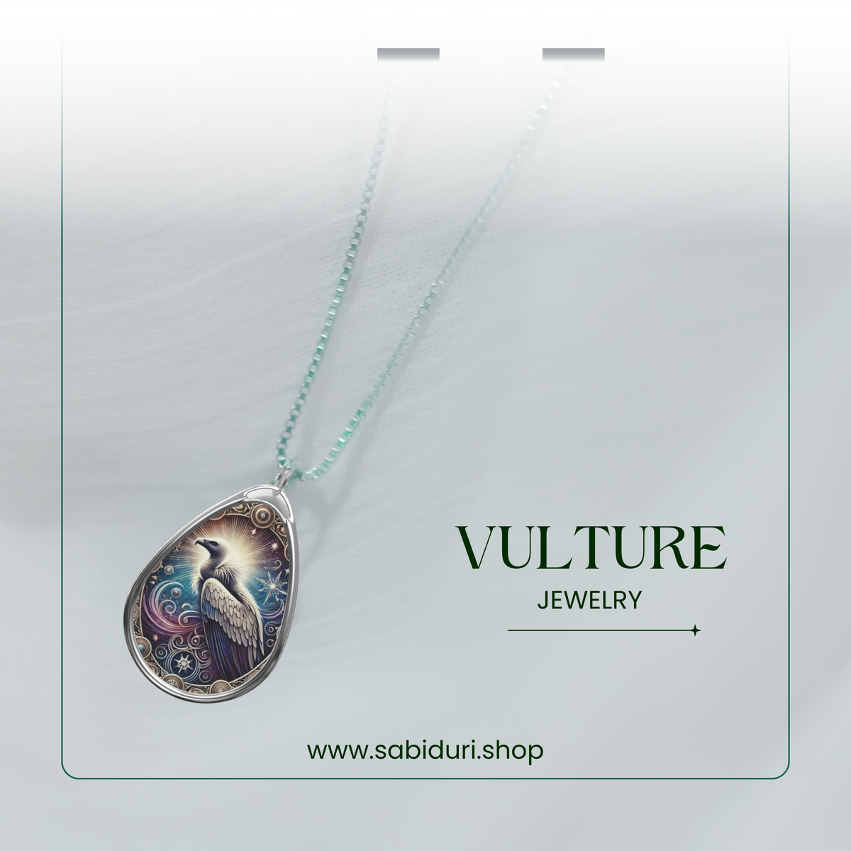 A refined vulture pendant necklace with a celestial-themed design, resting against a soft white fabric. A gradient frame and text reading "VULTURE JEWELRY" and "VICEDOMINI" complete the composition.