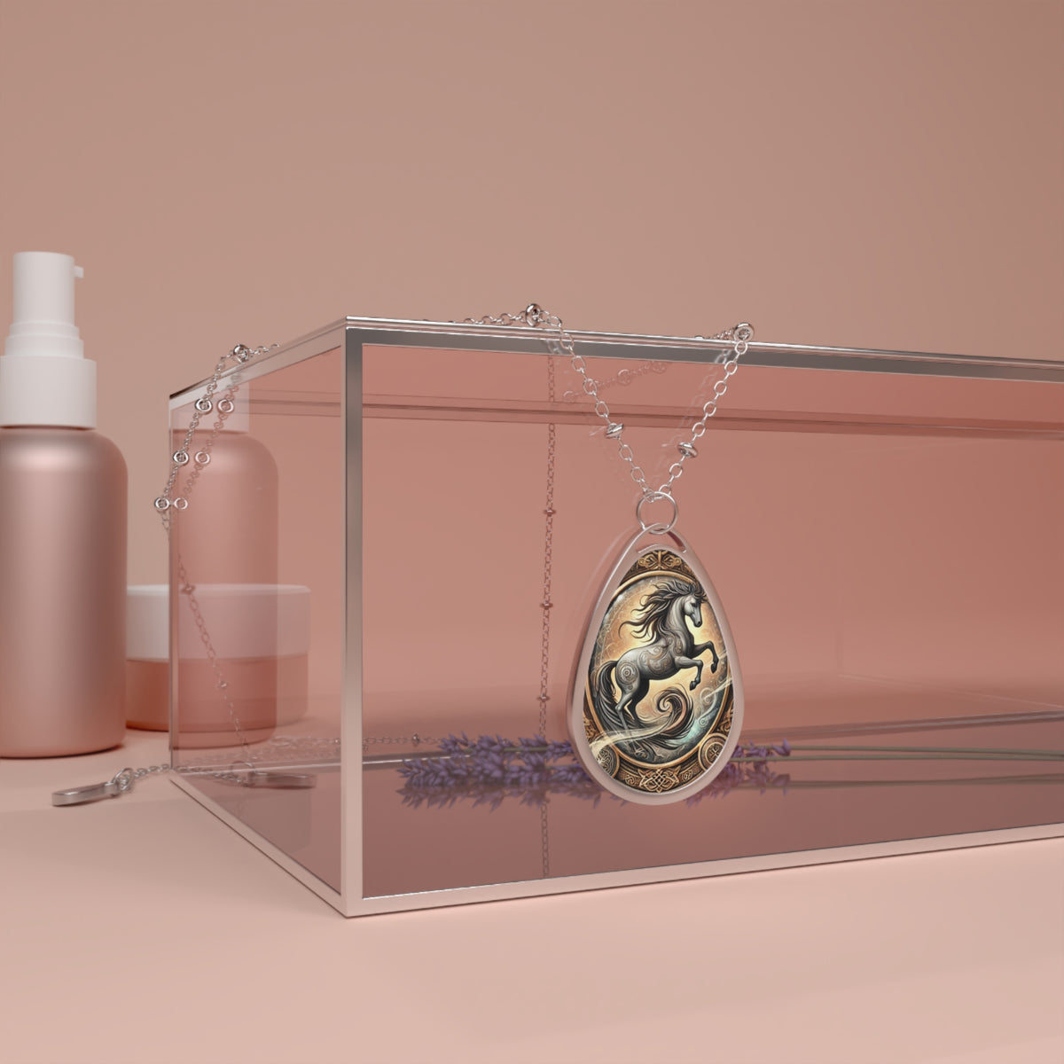 The horse pendant draped over a transparent jewelry box with a soft pink background, surrounded by lavender sprigs and beauty products, creating a luxurious and artistic presentation.