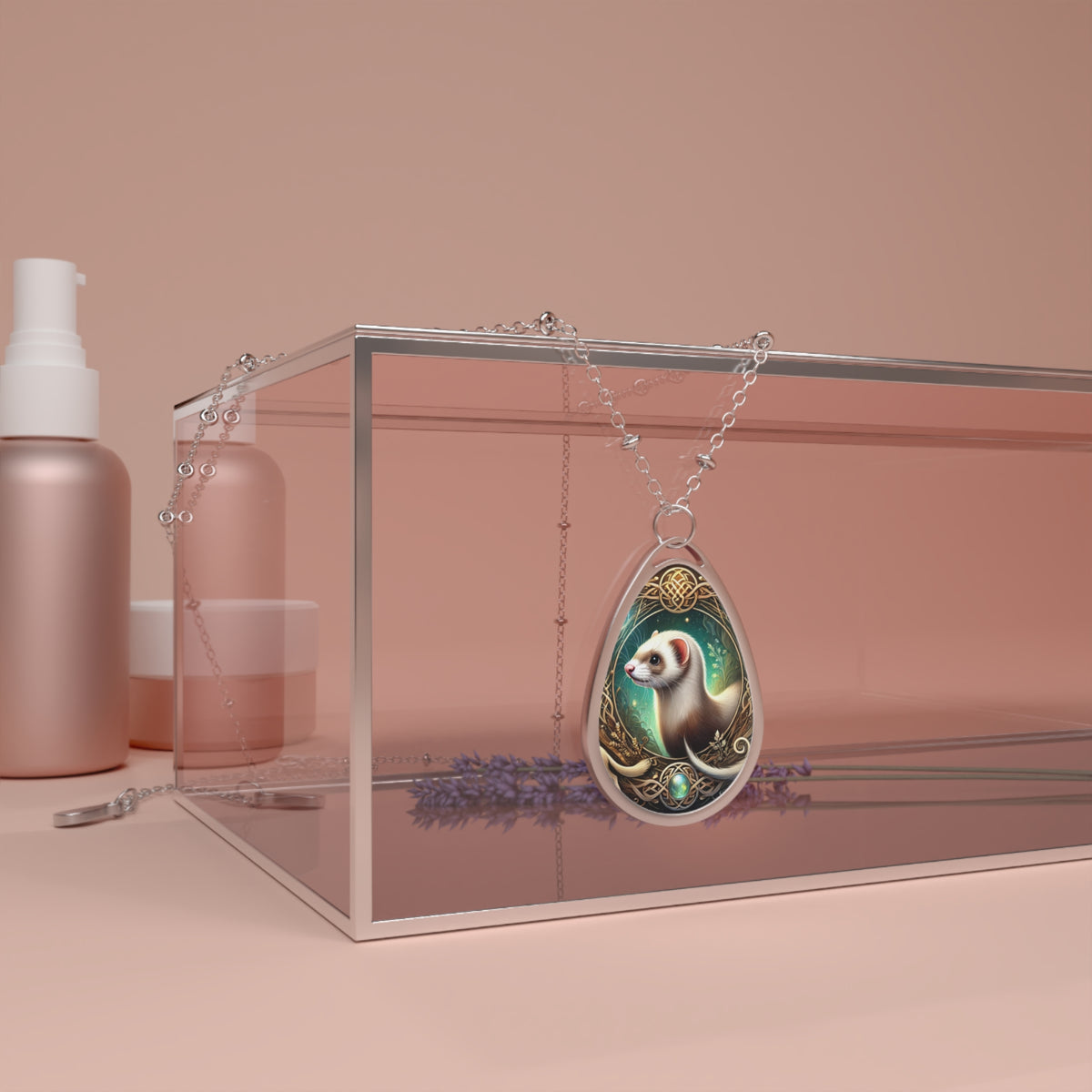 A ferret spirit animal necklace featuring an intricate design of a white ferret surrounded by golden and emerald details, resting elegantly on a pink glass box with soft background lighting.