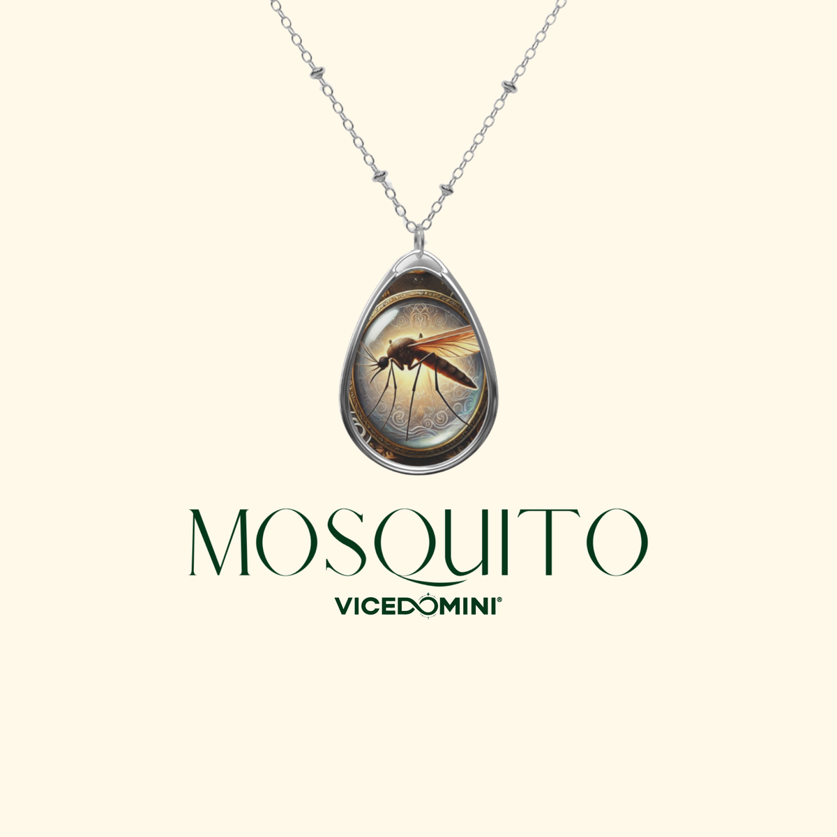 Silver-tone teardrop pendant necklace featuring an illustrated mosquito design, shown on a cream background with the brand name MOSQUITO and Vicedomini below.