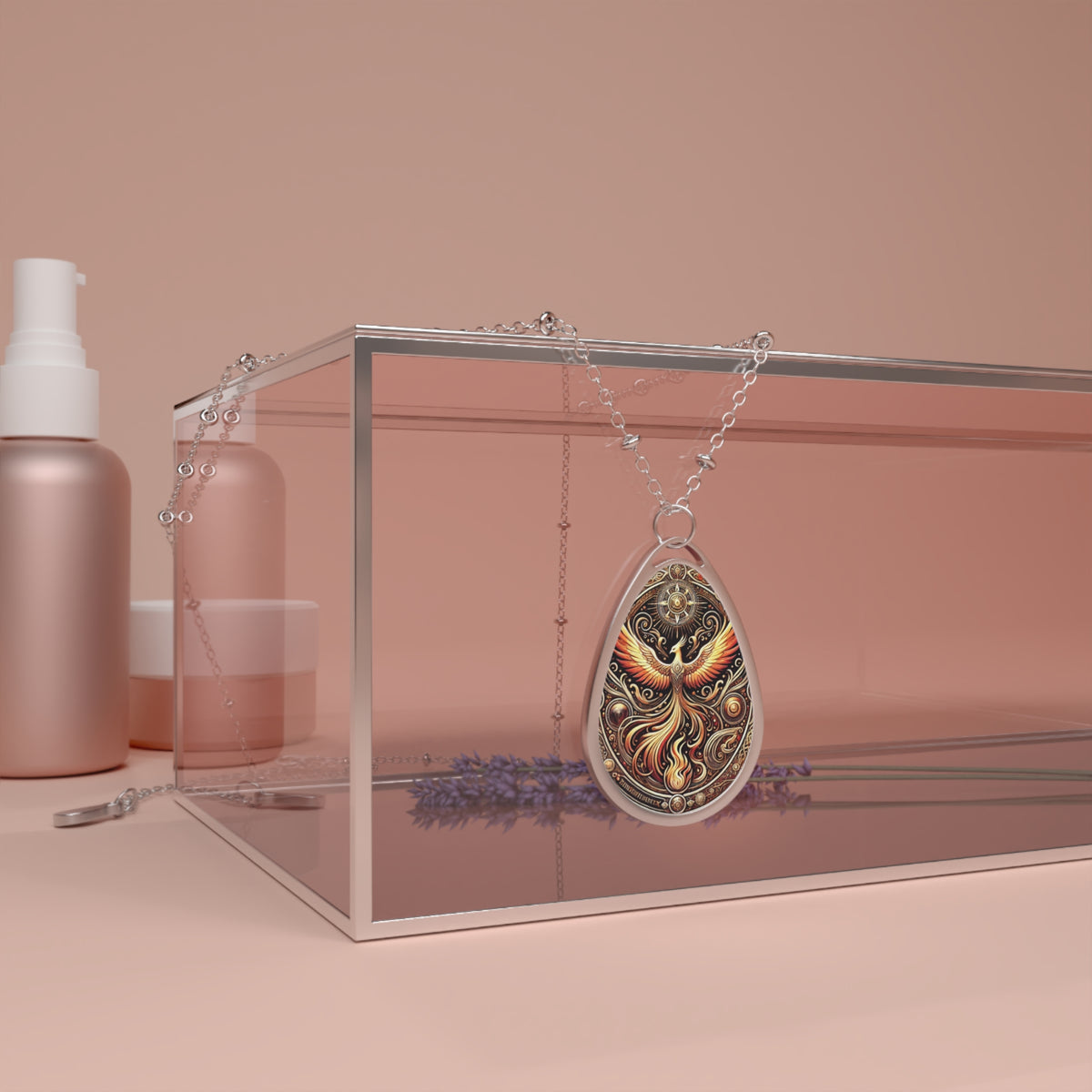 A luxurious phoenix necklace draped over a transparent glass box with soft pink-toned beauty products in the background. The pendant’s detailed phoenix design glows in shades of gold, orange, and black, with an elegant and celestial-inspired border.