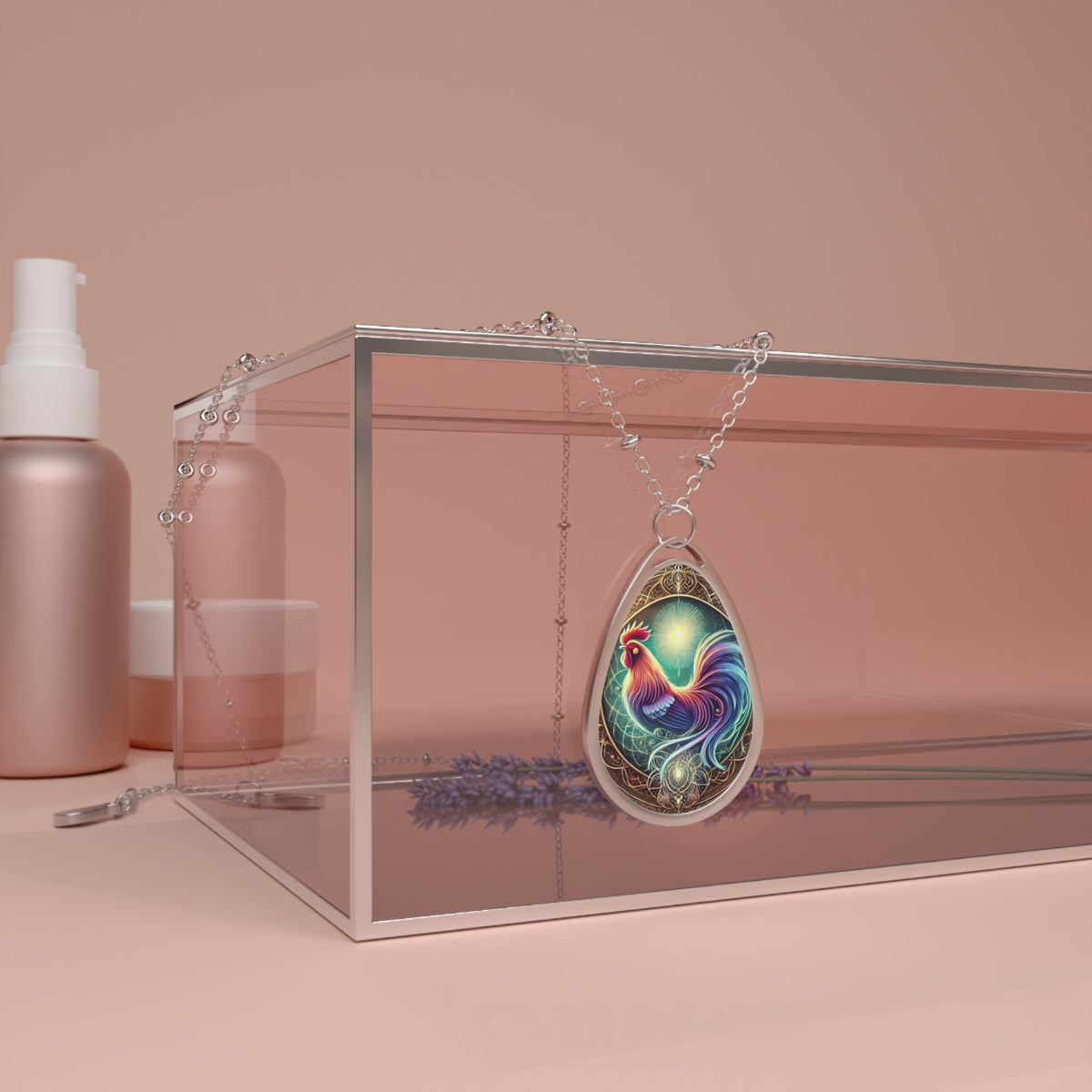 The rooster pendant necklace draped over a modern glass jewelry display box, set against a warm-toned backdrop with cosmetic bottles in the background. The pendant showcases a radiant rooster illustration encased in an intricate, celestial frame.