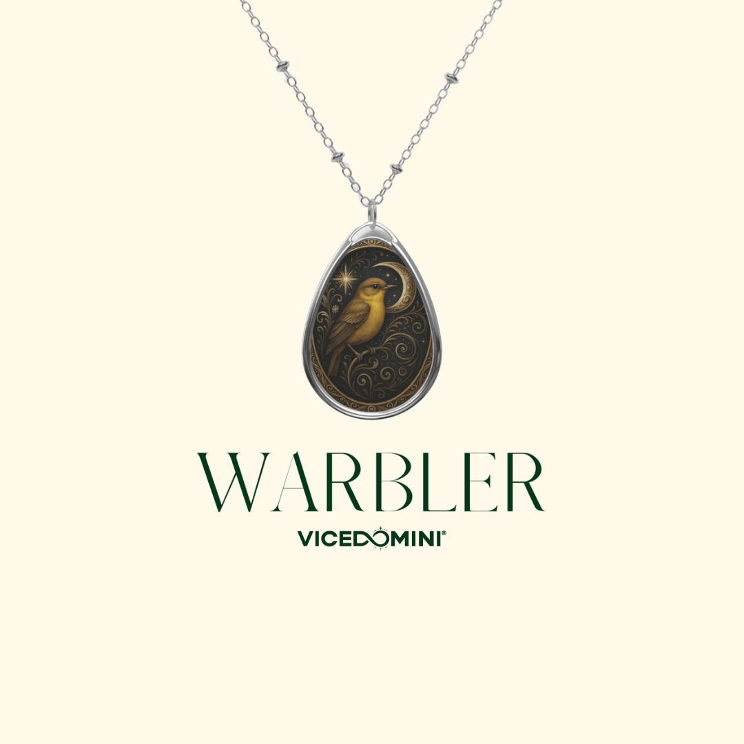 Minimalist product shot of a Warbler necklace centered against a cream background, emphasizing the intricate bird and moon illustration. The design speaks to the Warbler spiritual meaning and symbolic significance—hope, song, and personal awakening.