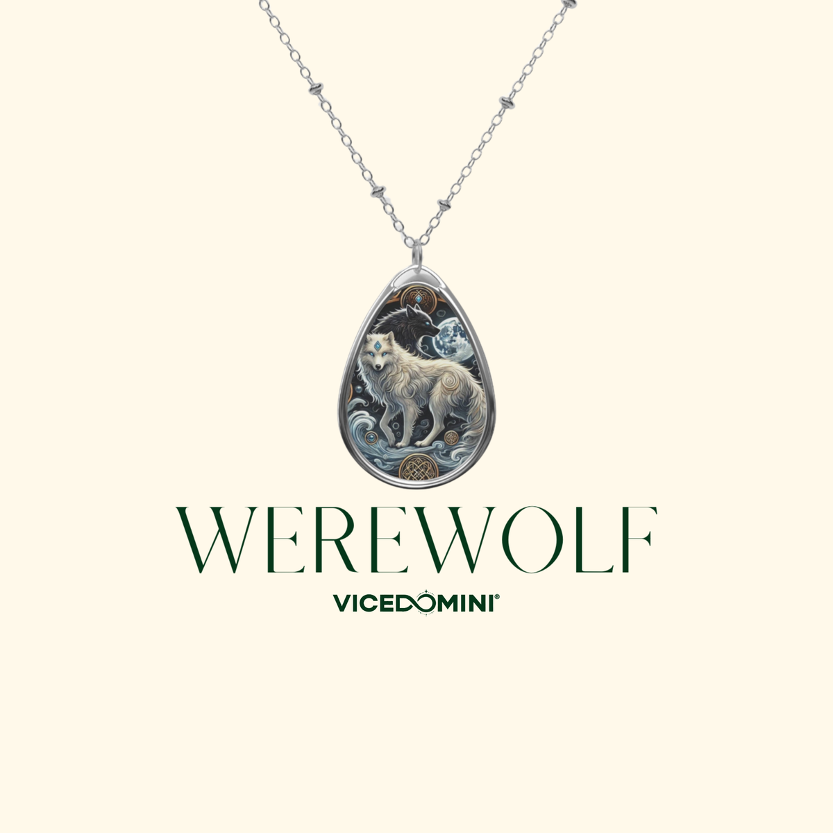 A teardrop pendant necklace featuring an illustrated werewolf design, suspended from a silver chain against a light cream background. Below the necklace, the text 'WEREWOLF' and 'VICEDOMINI' are displayed.