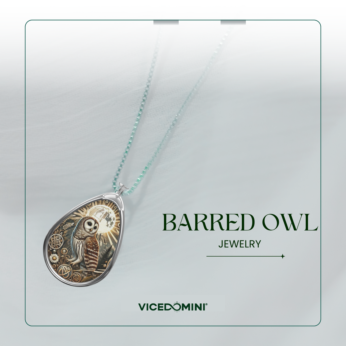 A teardrop-shaped pendant necklace featuring an intricately detailed owl illustration with a barred window design, suspended from a delicate mint green chain. The pendant is displayed on a light gray textured background with branding text 'BARRED OWL JEWELRY' and 'VICEDOMINI' printed on the right.