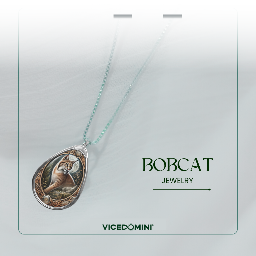 A teardrop-shaped pendant necklace featuring a detailed bobcat illustration in warm brown and beige tones, suspended from a delicate mint-green chain. The necklace is presented on a light gray display card with the text 'BOBCAT JEWELRY' and the brand 'VICEDOMINI'.