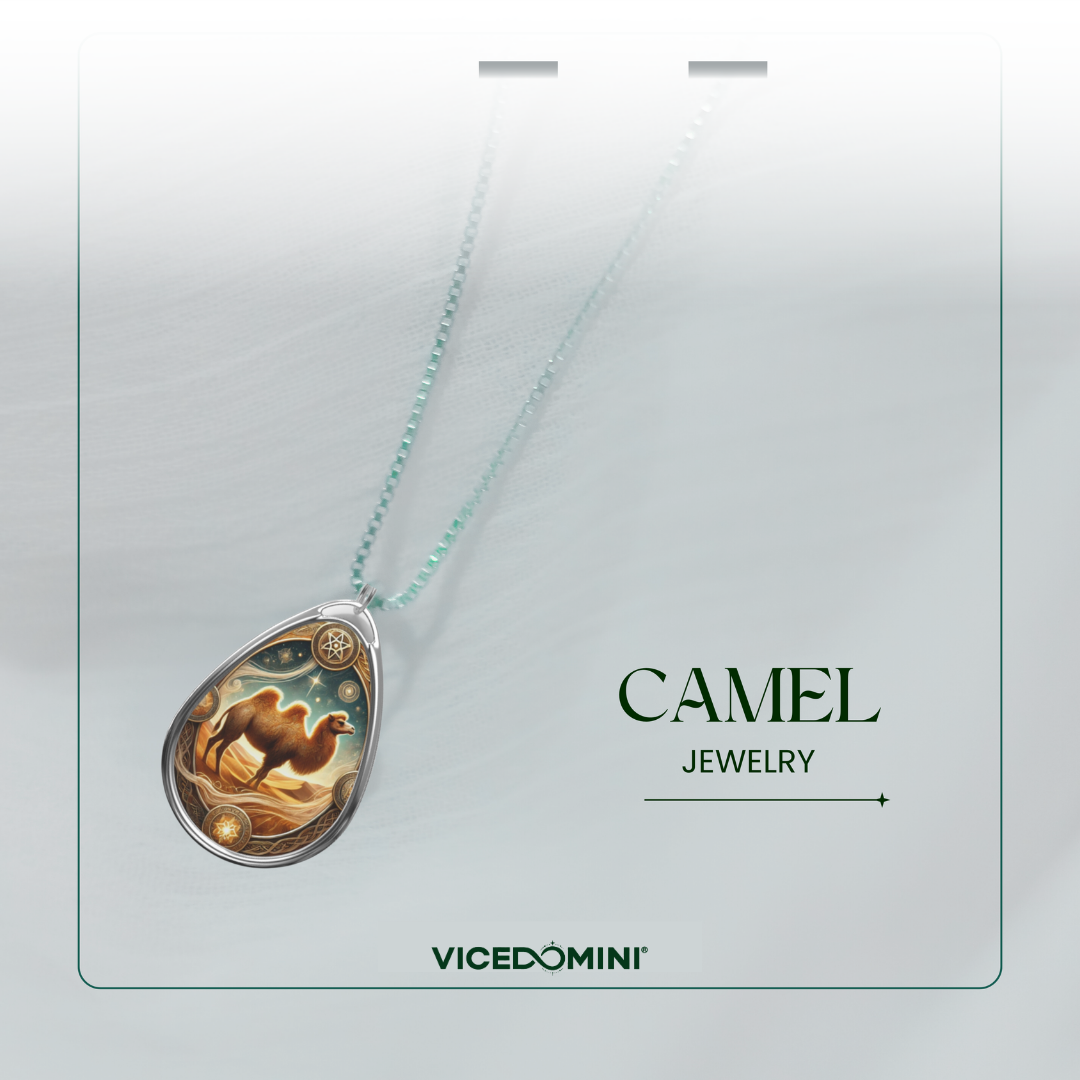 Teardrop-shaped camel jewelry pendant on a delicate mint green chain, displayed on a white card with the text 'CAMEL JEWELRY' and the brand 'VICEDOMINI'.