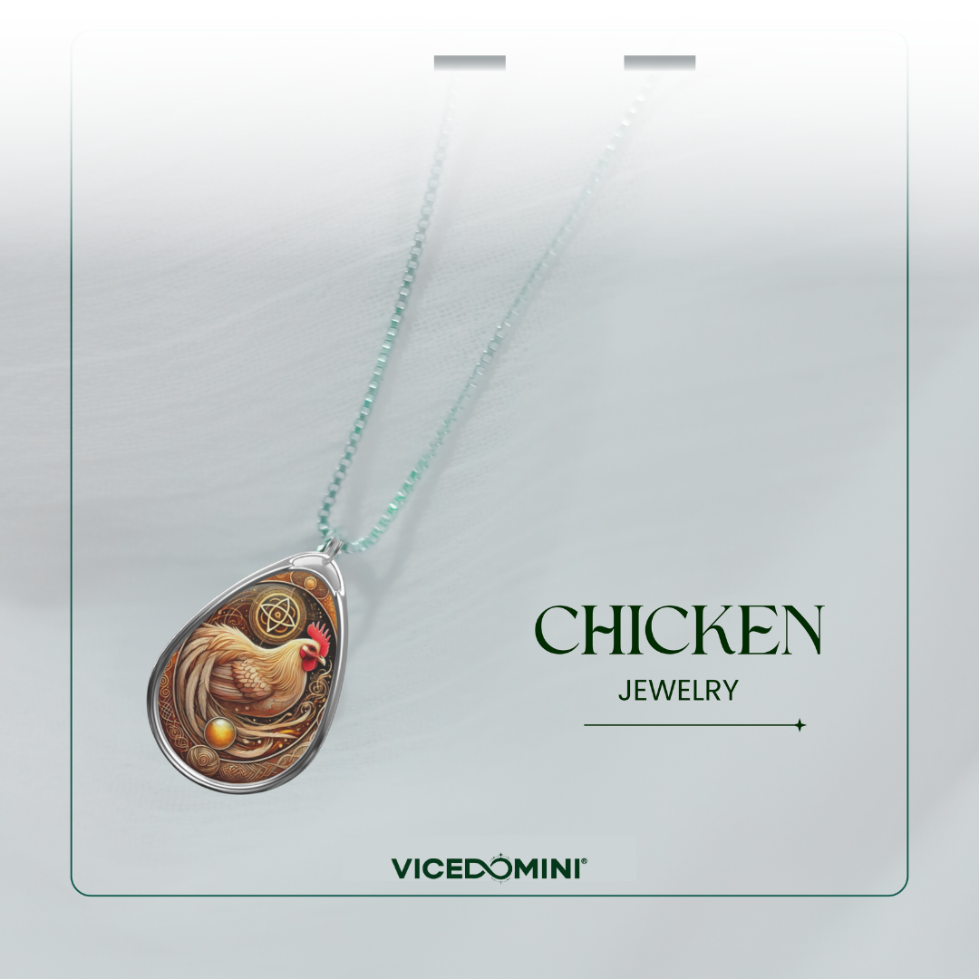 A teardrop-shaped pendant necklace featuring an illustrated chicken with a pentagram and egg design, suspended from a light mint-green chain. The pendant is displayed on a white card with the text 'CHICKEN JEWELRY' and the brand 'VICEDOMINI'.