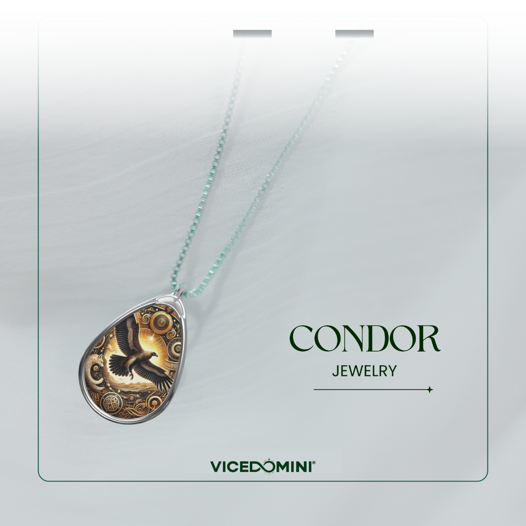 A teardrop-shaped pendant necklace from Vicedomini's Condor Jewelry collection, featuring a detailed condor illustration on a gold background with a silver border, hanging from a light mint green chain on a white display card.