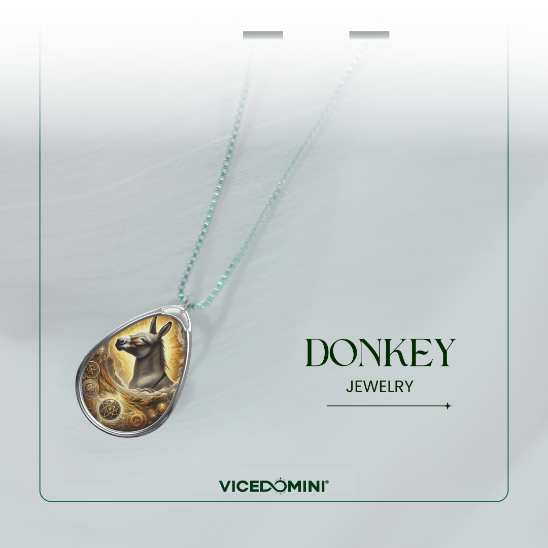 A teardrop-shaped pendant necklace featuring a detailed illustration of a donkey surrounded by gold coins, suspended from a light mint green chain. The pendant is displayed on a white card with the text 'DONKEY JEWELRY' and the brand 'VICEDOMINI' printed below.