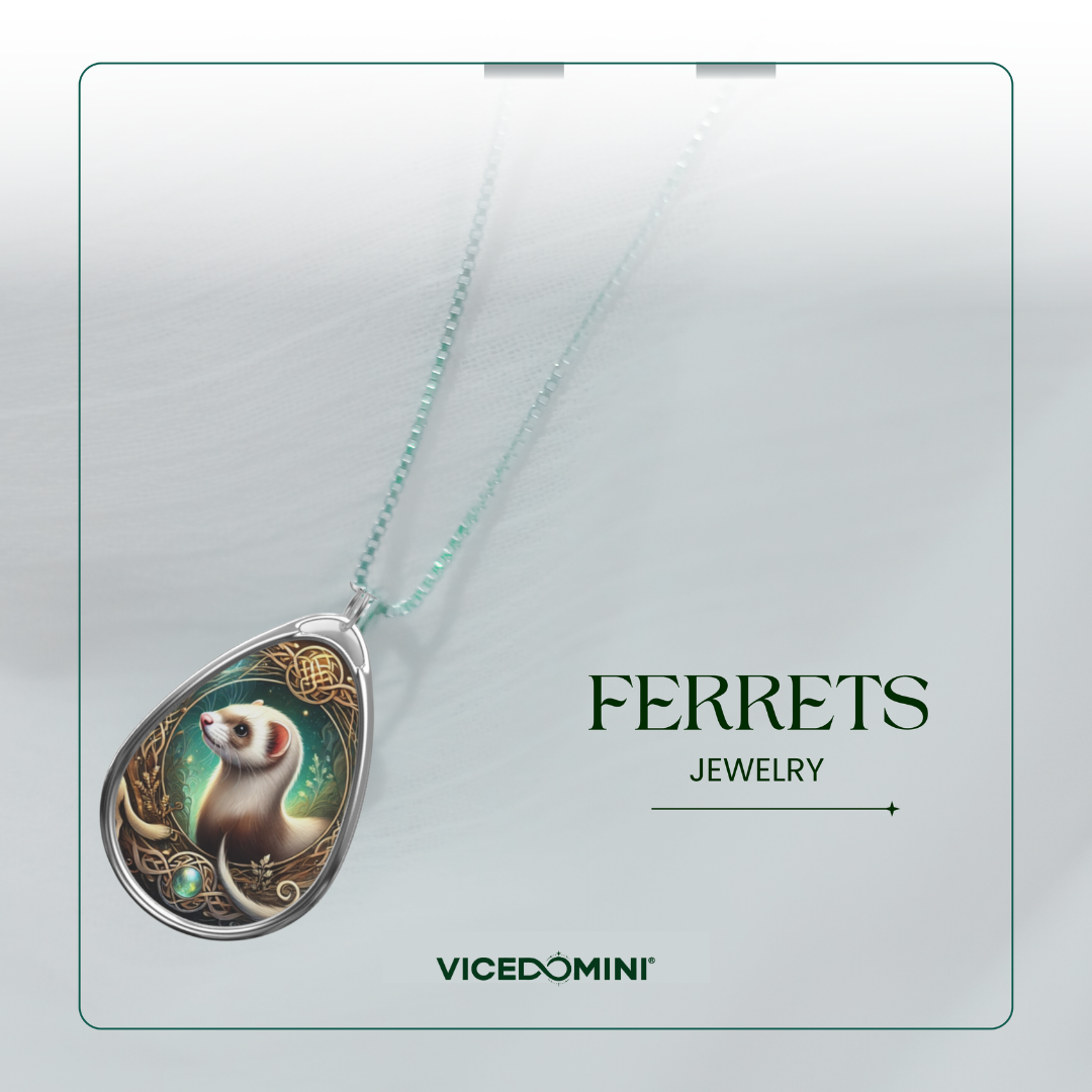 A teardrop-shaped pendant necklace featuring an illustrated ferret on a light mint chain, displayed on a branded card that reads 'FERRETS JEWELRY' and 'VICEDOMINI'.