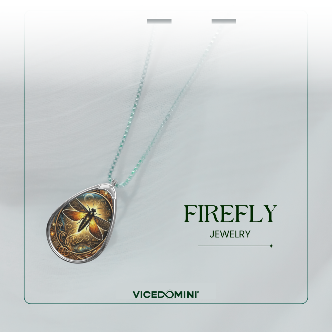 A Vicedomini Firefly Jewelry pendant necklace displayed on a light gray card. The pendant is teardrop-shaped with a detailed firefly design in gold, brown, and black, set in a silver-toned bezel.