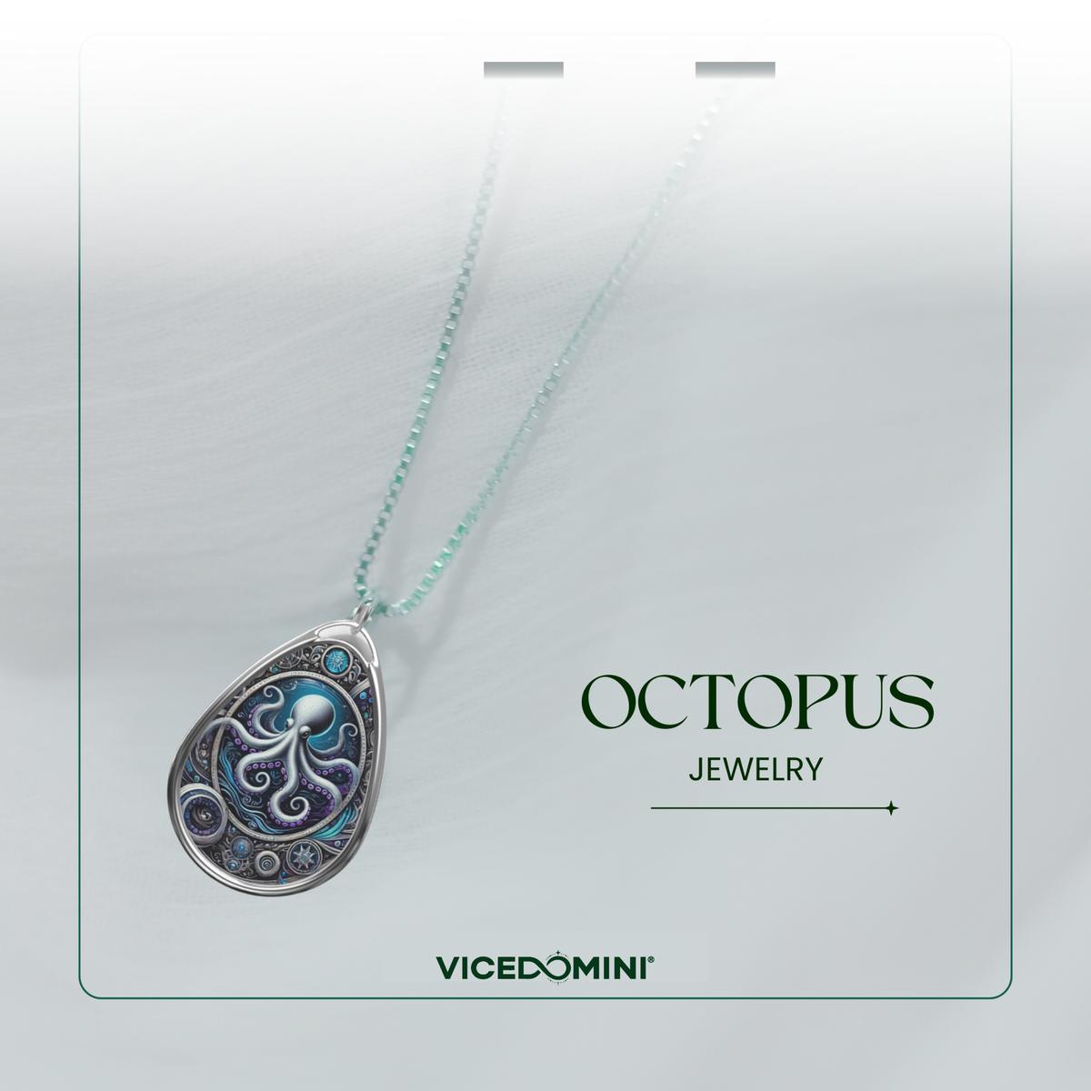 A Vicedomini octopus-themed pendant necklace displayed on a light gray card. The pendant is silver-toned with intricate blue and black octopus detailing, hanging from a delicate light blue-green chain.