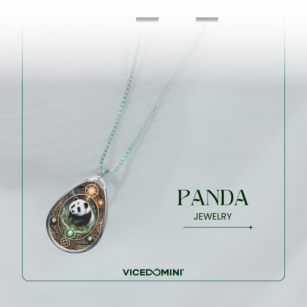 A teardrop-shaped pendant necklace from Vicedomini's Panda Jewelry collection, featuring a silver-toned frame with a panda illustration and green accents, hanging from a light mint-green chain against a soft gray background with branding text.