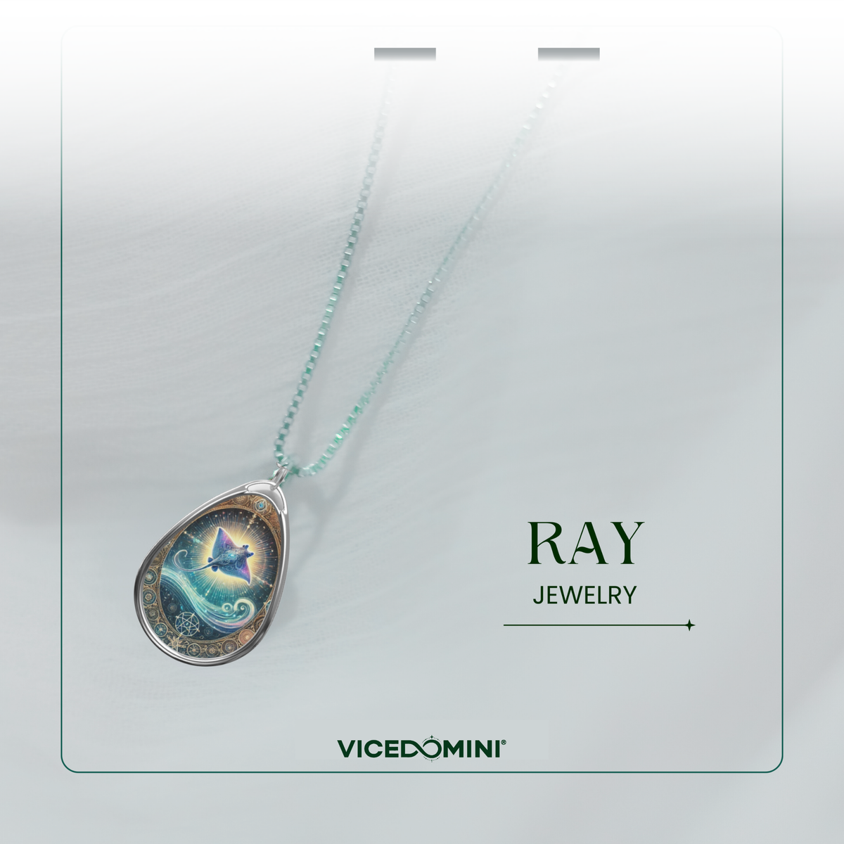 A stingray-themed pendant necklace with an intricate design of ocean waves and celestial light, suspended from a delicate silver chain. The pendant is displayed on a soft, gradient background with "RAY JEWELRY" and "VICEDOMINI" written in refined font.
