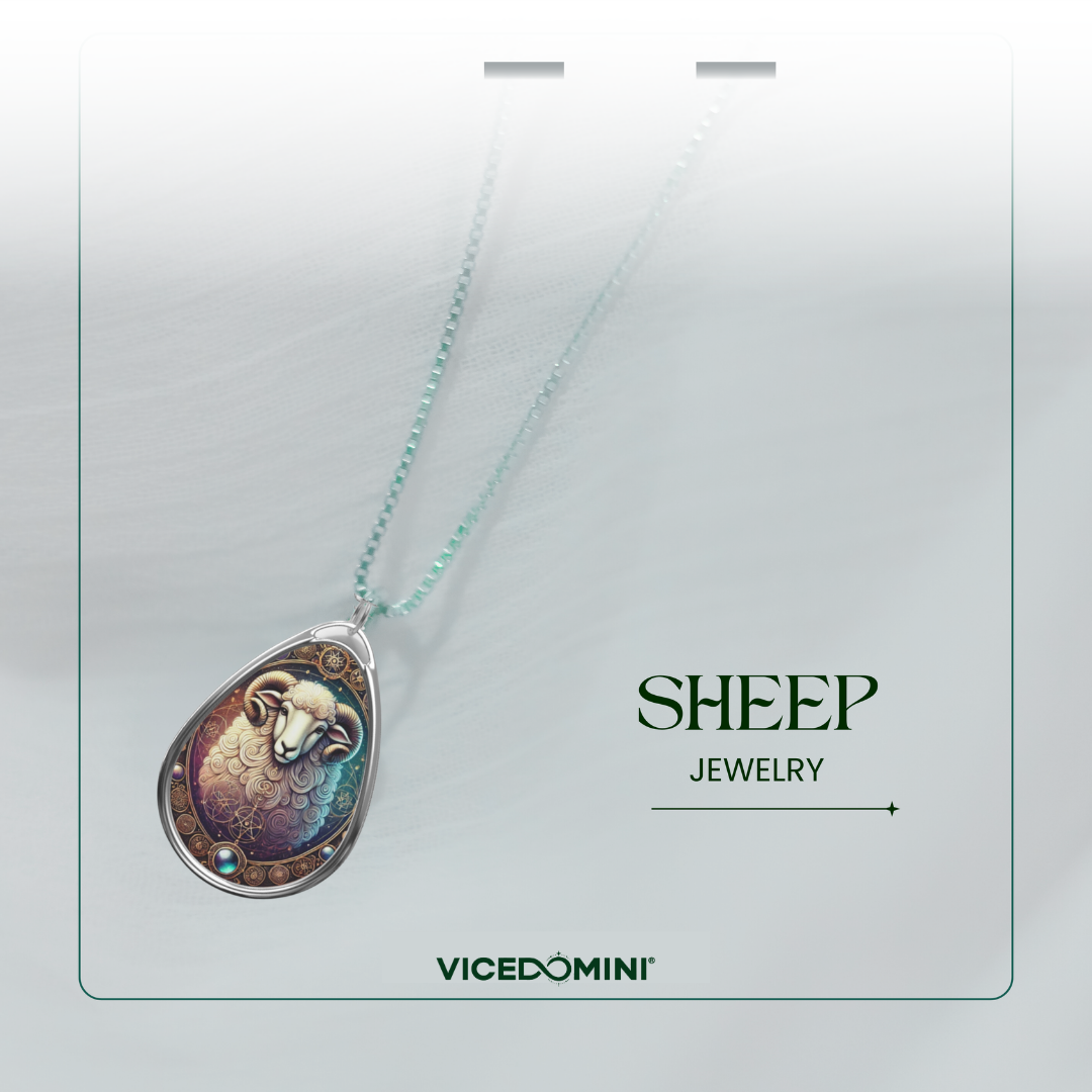 A delicate silver chain with a sheep-themed pendant displayed against a light, airy backdrop. The text "SHEEP JEWELRY" is elegantly placed beside the necklace.