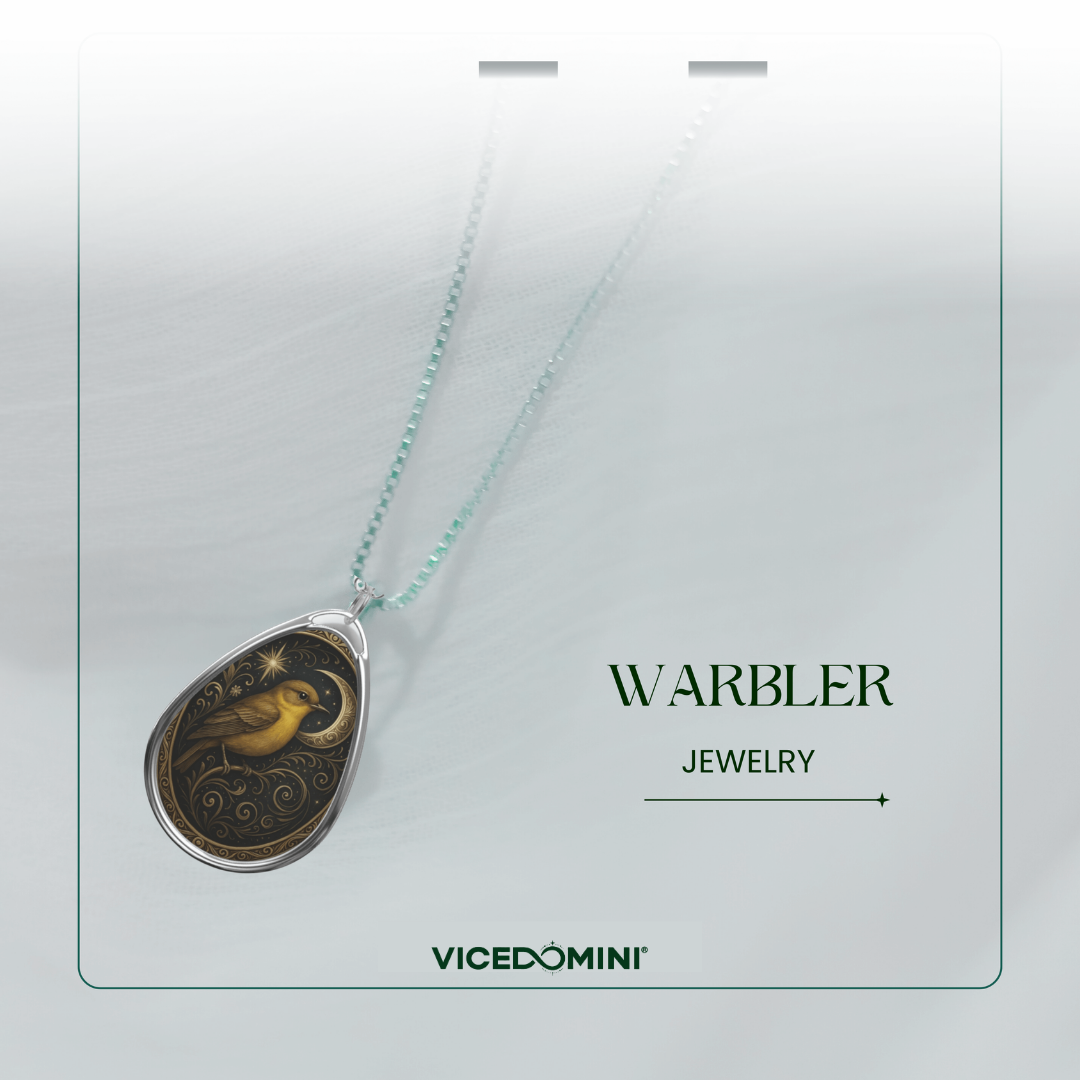 A Warbler pendant necklace with a shimmering green chain is elegantly presented on a soft white background. Highlighting Warbler spiritual meaning and symbolic significance, the design evokes harmony, intuition, and soulful expression.
