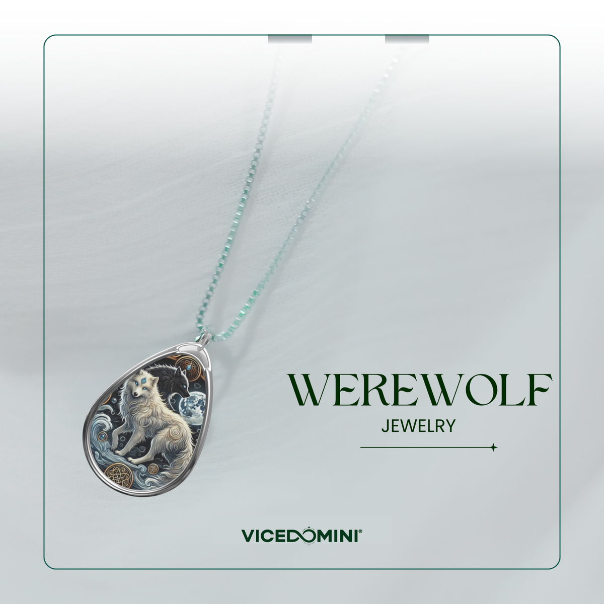 A teardrop-shaped pendant necklace with a detailed hippopotamus illustration and silver-toned gears, hanging from a light mint-green chain on a white display card. The card features the text 'HIPPOPOTAMUS JEWELRY' and the brand 'VICEDOMINI'.