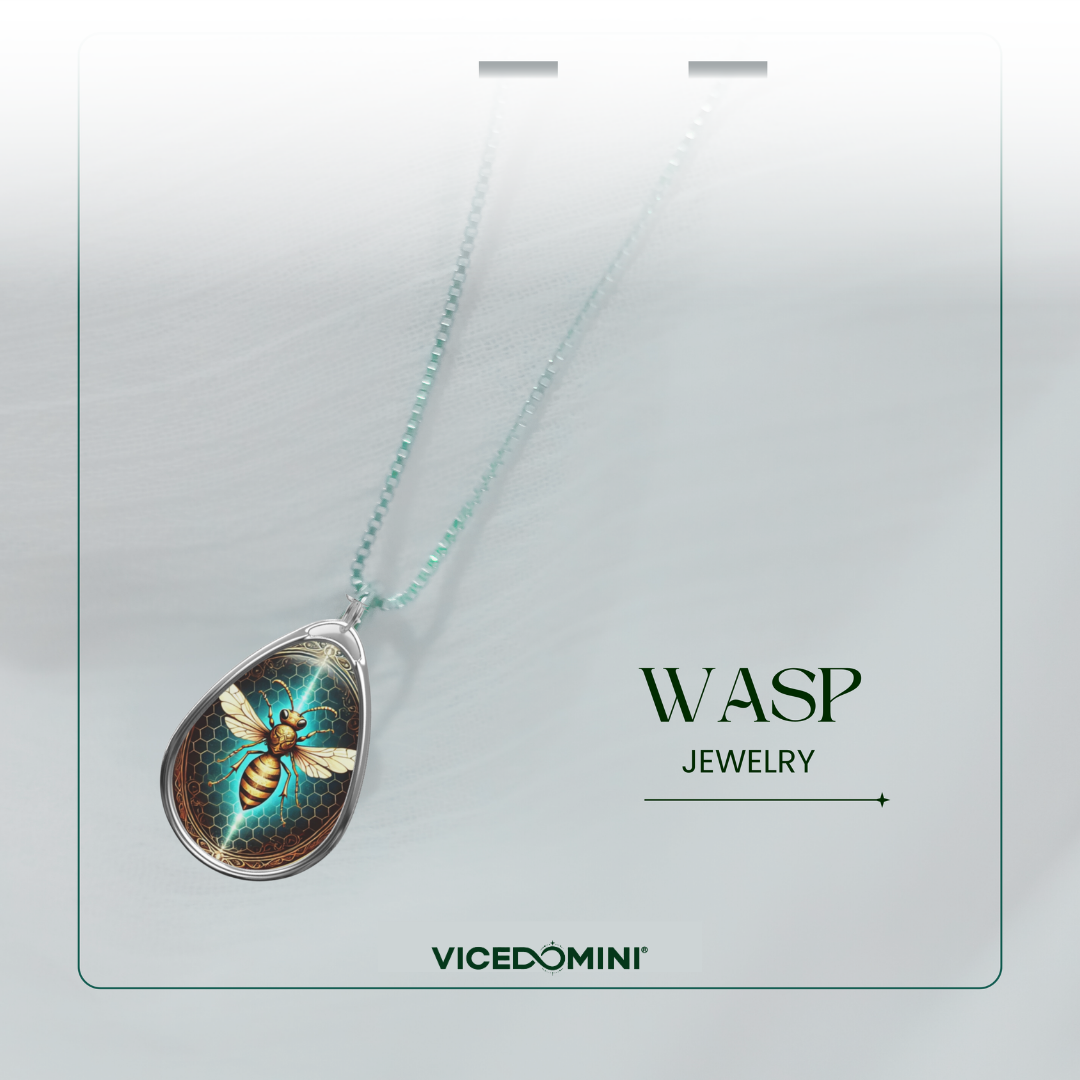 A wasp pendant necklace draped over a soft, white fabric. The pendant's glowing blue and gold honeycomb design contrasts against the muted background, with ‘WASP JEWELRY’ and a subtle website link below.