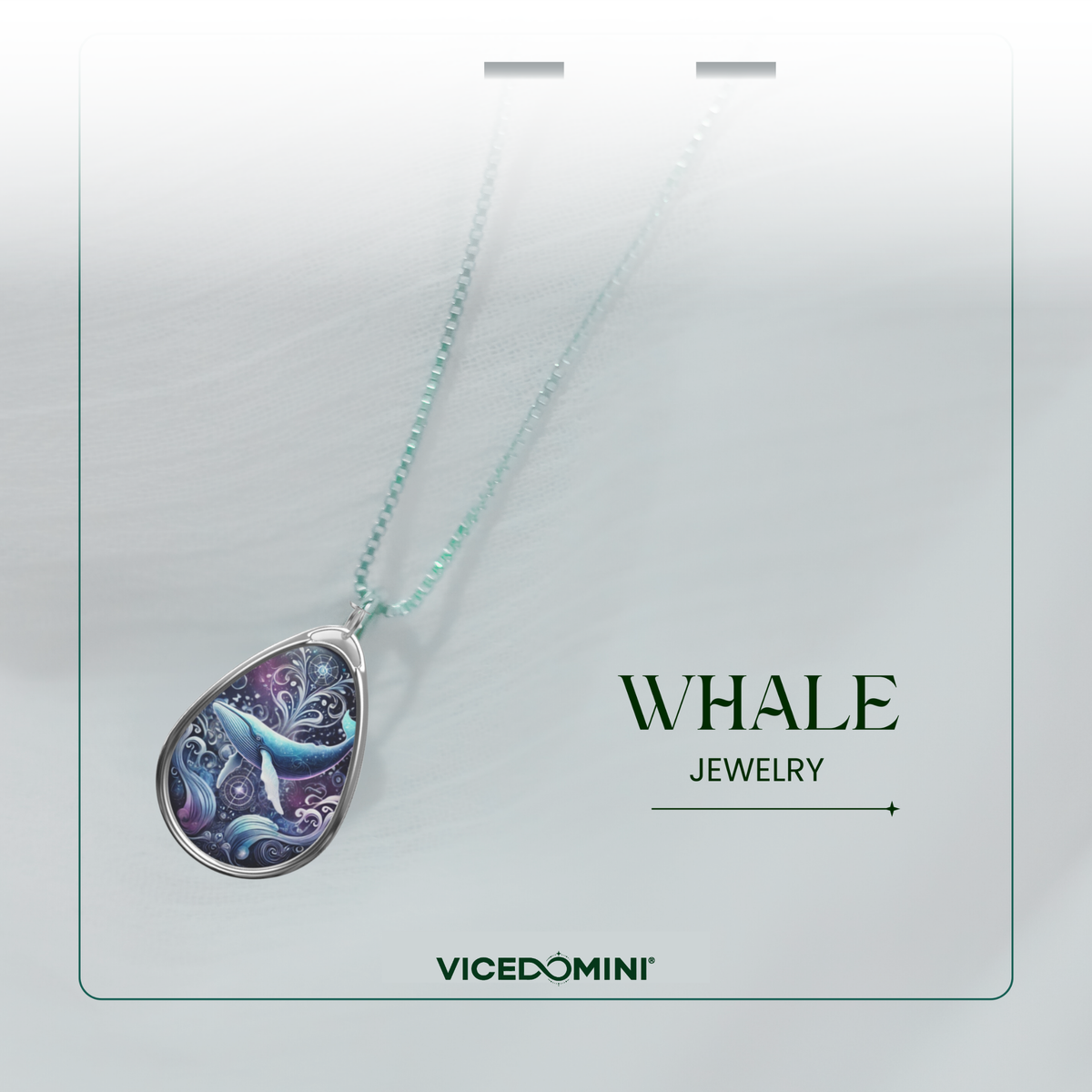 A teardrop-shaped pendant necklace with a detailed whale illustration in shades of blue, purple, and teal, suspended from a matching light blue-green chain. The necklace is presented on a white display card with the text 'WHALE JEWELRY' and the brand 'VICEDOMINI'.