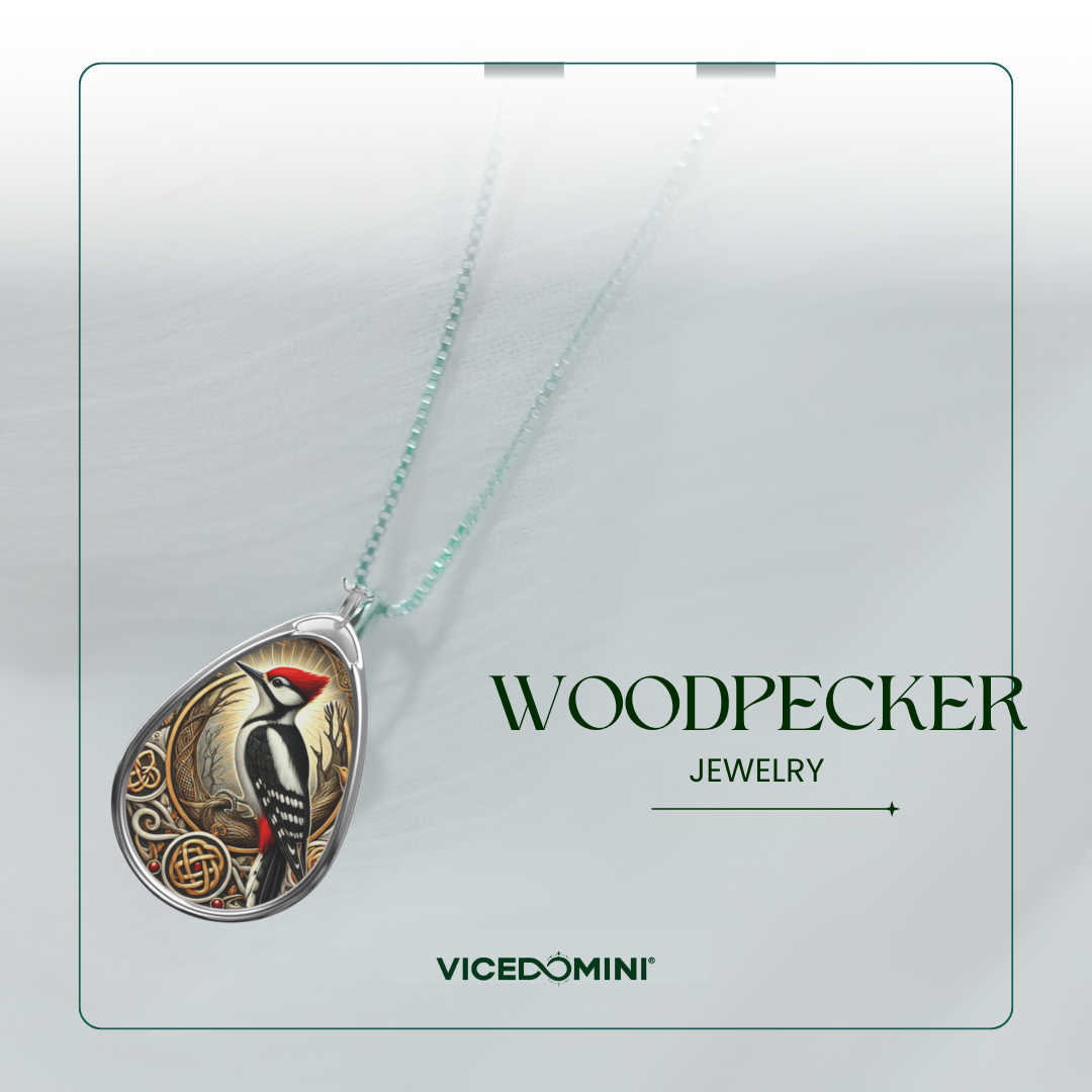 A teardrop-shaped pendant necklace featuring an illustrated woodpecker on a silver-toned chain, displayed against a soft light gray background with the text 'WOODPECKER JEWELRY' and 'VICEDOMINI'.