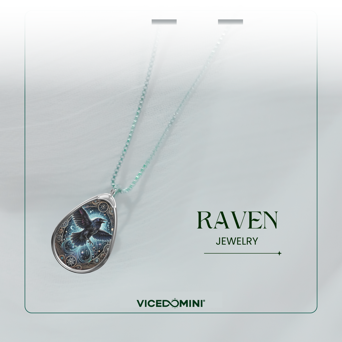 A delicate silver necklace featuring a vibrant red panda pendant with an artistic cosmic design, presented on a white airy fabric with soft shadows. Includes "Raven Jewelry" and "VICEDOMINI" text.