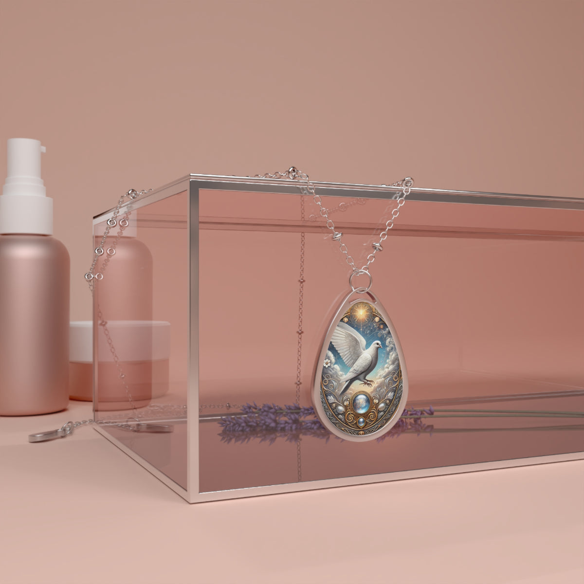 A beautifully designed pigeon necklace draped over a transparent glass box, with a soft, peach-toned background. The pendant showcases a pigeon in an artistic, celestial setting, with gold detailing and shimmering blue accents.