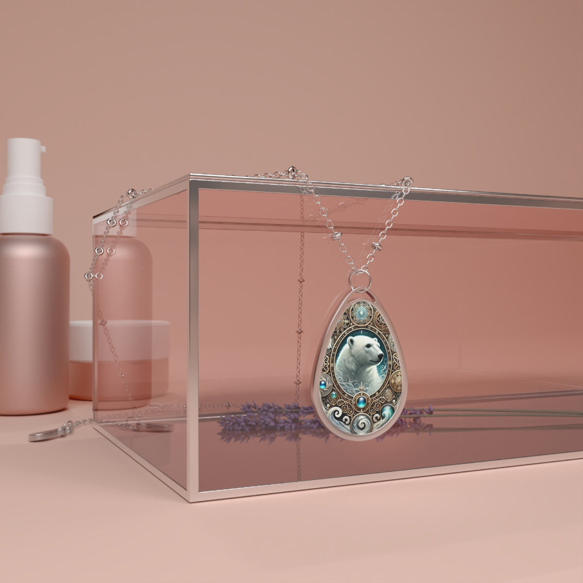 The Polar Bear Necklace draped over a glass jewelry box with a soft pink aesthetic. The pendant, adorned with ice-blue gemstones and intricate engravings, captures the essence of the Arctic animal. The composition adds a luxurious and ethereal feel.