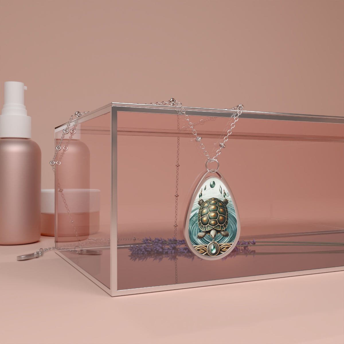 A tortoise spirit animal necklace with a detailed, colorful tortoise design, displayed against a glass box with rose gold-toned skincare bottles in the background, adding a luxurious and serene vibe.