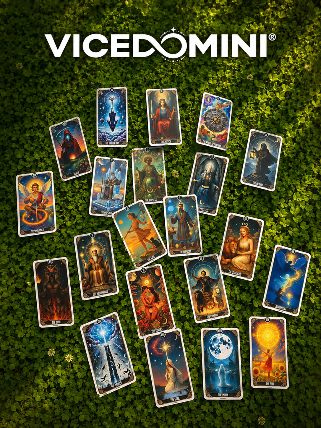A set of Vicedomini tarot cards arranged in a circular pattern on a textured green moss background, with the Vicedomini brand logo printed at the top.