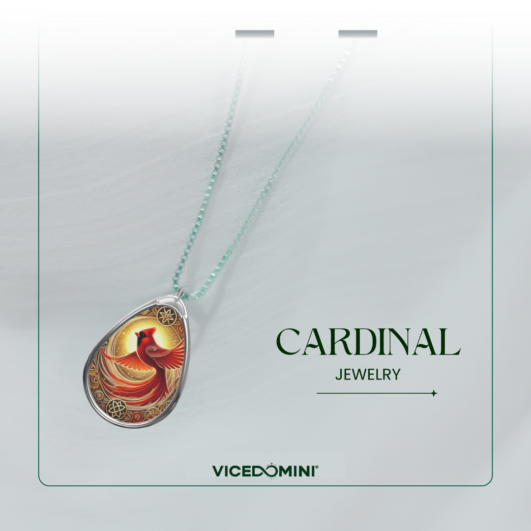 Teardrop-shaped pendant necklace featuring a red cardinal bird on a gold background, suspended from a light mint green chain. The necklace is displayed on a white card with the text 'CARDINAL JEWELRY' and the brand 'VICEDOMINI'.