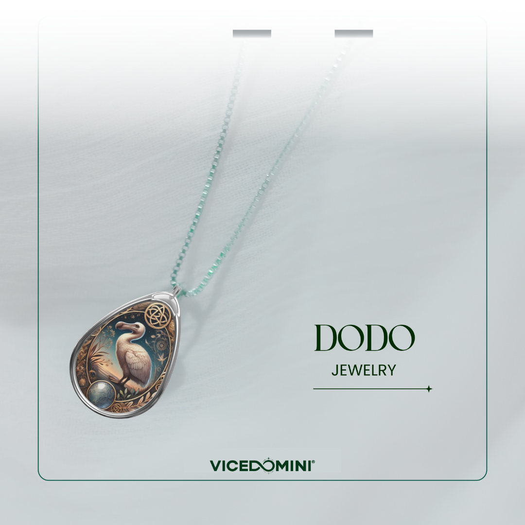 A teardrop-shaped pendant necklace with a detailed illustration of a bird and a pearl, suspended on a delicate mint green chain. The pendant is displayed on a light gray card with the brand name 'DODO JEWELRY' and 'VICEDOMINI' printed on it.